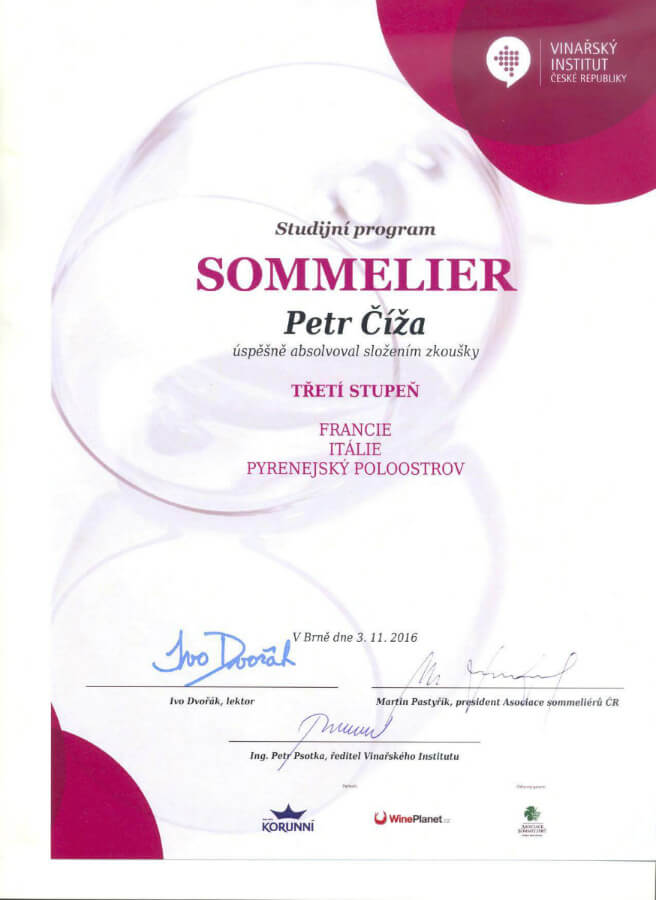 Sommelierský certifikát (Vinařský institut) - 3. stupeň