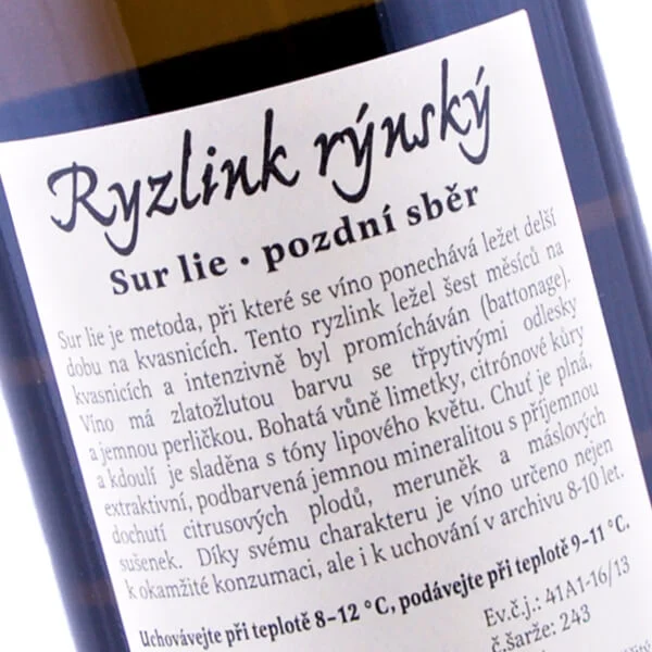 Ryzlink rýnský pozdní sběr sur lie 2015 (Vinařství Bíza)