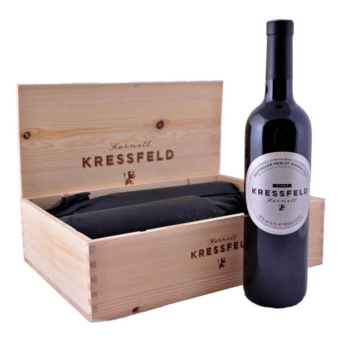 Dárkový set Kressfeld Riserva 2015 (Tenuta Kornell) v dřevěné bedýnce